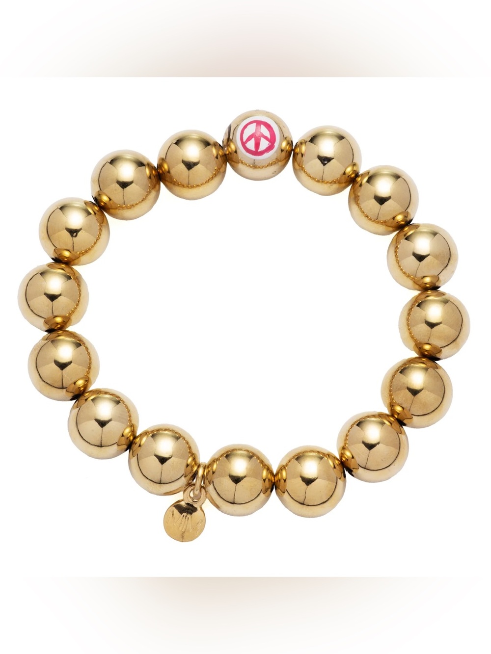 24K Gold Plated Peace Sign Hand Painted Beaded Stretch Bracelet NWOT